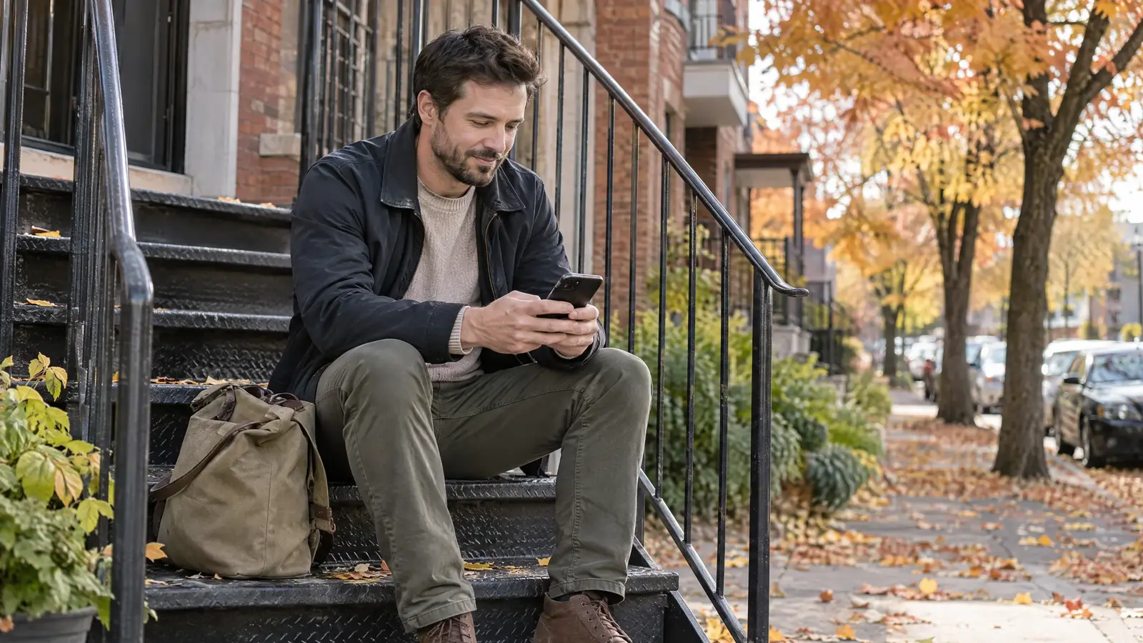 Man checking his phone on the front steps of a brick home in autumn