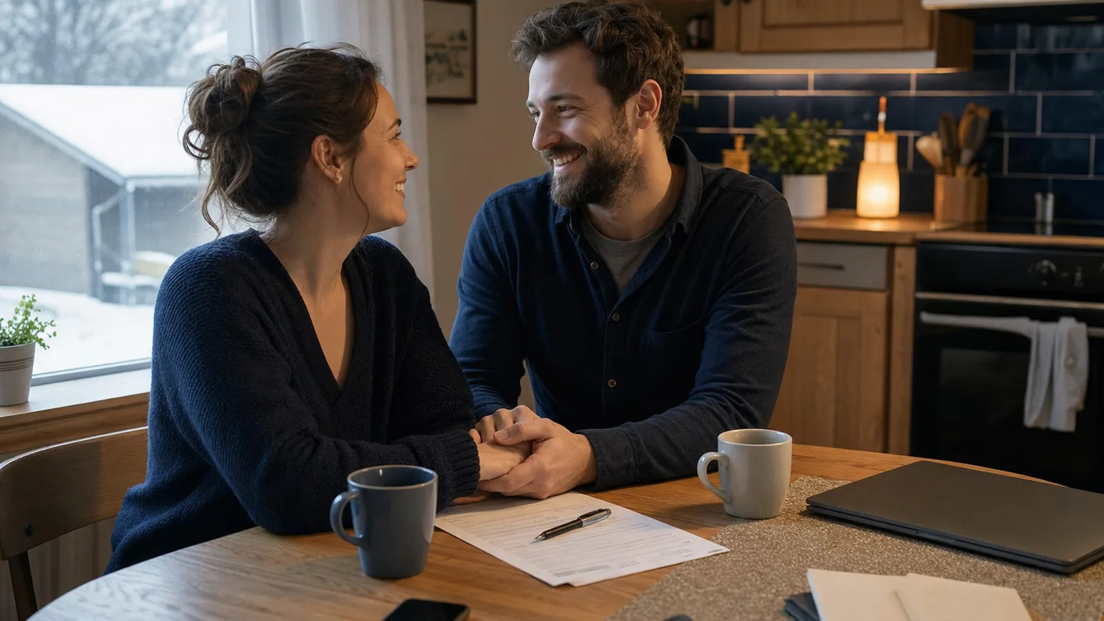 Relieved couple receiving a positive answer around a kitchen table